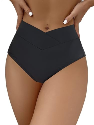 HYTENSUN Women's V Cut Bikini Bottoms Swimsuit Twist Front Cheeky Swim Bottoms Black