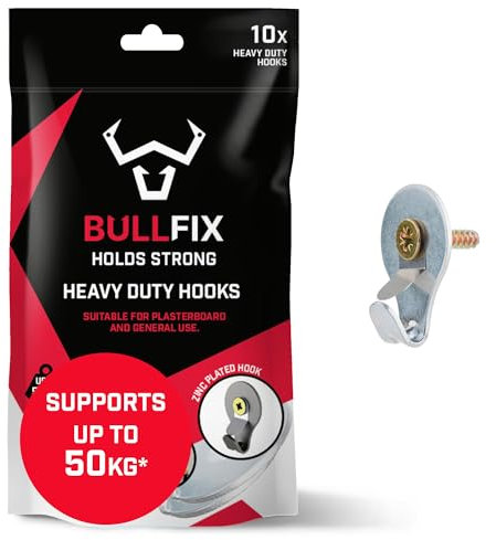 Bullfix Hook, Heavy Duty Picture Hooks, Wall Hooks for Hanging Picture Frames or Canvas onto Masonry Walls, Timber & Plasterboard, Works Universal Plasterboard Fixings Kit for Frame Hangers Pack of 10