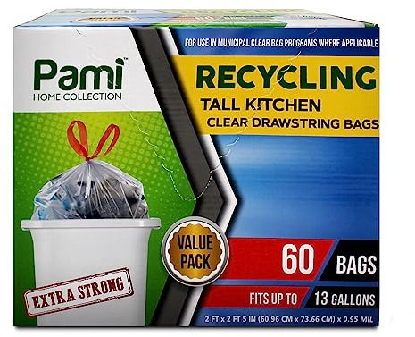 PAMI Recycling Tall Kitchen Drawstring Trash Bags- Extra-Strong Plastic Garbage Bags- Thick Trash Can Liners For Kitchen & Outdoor Bins- 2ft x2ft Unscented Trash Bags (13 Gallon – 60 Count – Clear)