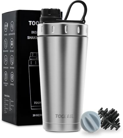 TOOFEEL Protein-Shaker-Flasche, 590 ml, doppelwandig, isoliert, Vakuumbecher, hält kalt/heiß, Metall, Edelstahl