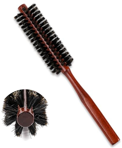 Spazzola Rotonda Naturale con Setole di Cinghiale, Mini Portatile per Capelli con Manico Ergonomico in Legno, per Asciugare