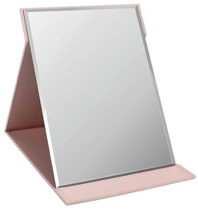 ZBEIVAN 12x9 Inches Portable Folding Makeup Mirror, Frameless PU Leather Desk Mirror with Stand for Camping Travel Tabletop Personal, Pink