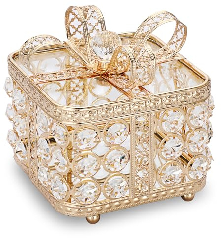TOLIDA Kristall-Schmuckschatulle mit Deckel, Glas-Schmuckkästchen mit Schleifen-Deckel, glitzernde Schreibtisch-Aufbewahrungsbox für Ohrringe, Ringe, Schmuck, Armbänder (Gold, klein)