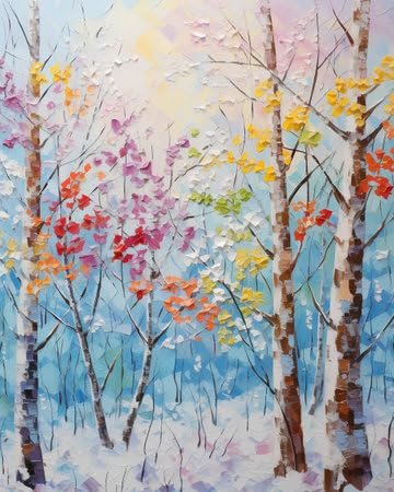 adrium Acryl-Bild 80 x 100 cm: Winterwald mit Bäumen und fallenden Blättern. Aquarellmalerei-Effekt. (209767768)