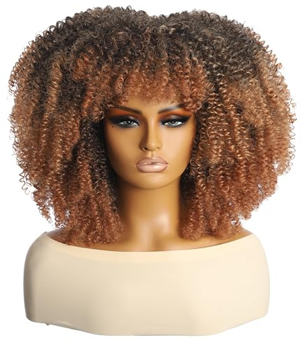 Topcosplay Afro Perücke Lockige Blond Perücke mit Pony für Frauen Natürlich Synthetische Haar Perücken für Halloween Kostüm (Braun)
