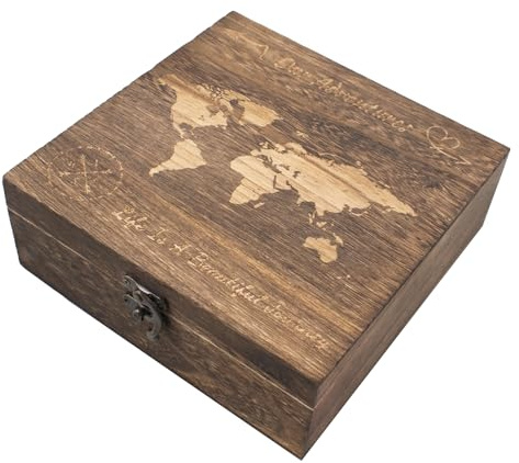 JINGHANGER Abenteuer Archivbox Abenteuer Holzkiste 19,5x19,5x7 cm Holzbox Aufbewahrungsbox Geschenkbox Weltkarte pattern Erinnerungsbox Reise Sammelbox