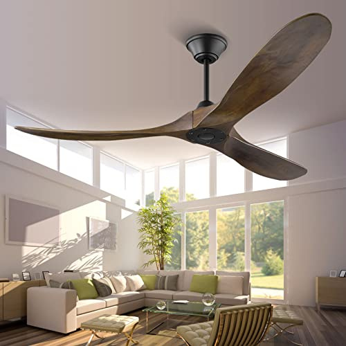 Uaikiea Deckenventilator mit Fernbedienung ohne Licht, Deckenventilator mit 3 Holz Flügel und Reversibler Leiser DC-Motor, Outdoor Deckenventilator Groß für Wohnzimmer Schlafzimmer Terrasse