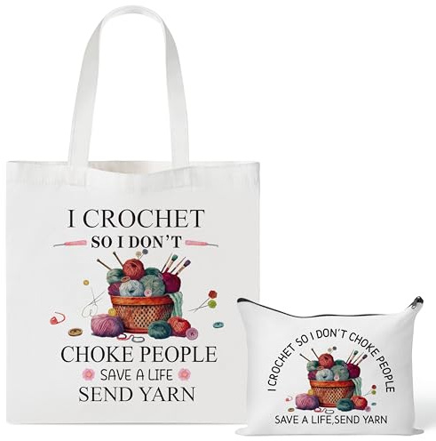 Y1tvei Crochet Canvas Tote Bag - 2Pcs I Crochet So I Don't Choke People Save A Life Send Yarn Canvas Cosmetic Pouch Tote Bag, Reusable Grocery Folding Shopping Bag, Knitting Gifts for Crocheters Women