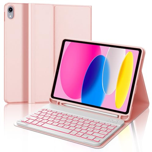 Coque Clavier pour iPad A16 11/10 Ème Generation 2025/2022 11/10.9 Pouces | 7 Couleurs Rétroéclairées, Étui Keyboard Détachable Bluetooth sans Fil, AZERTY Français avec Porte Crayon, Rose clair