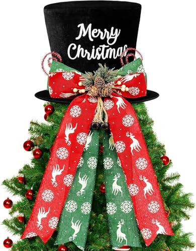 KAHEIGN Christmas Tree Topper, 25CM Large Black Xmas Tree Top Hat with Pinecones and Snowflake Elk Bow Ribbon for Home Christmas Holiday Winter Party Decor Desktop Ornaments