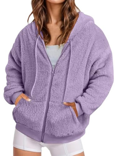Plüschjacke Damen Teddy Kurz - Sweatjacke Damen Mit Kapuze Fleecejacke Reißverschluss Sweatjacke Mit Taschen Warm Fleece Winterjacke Einfarbig Oversize Kapuzenpullover Fleecejacke Zip Sweatshirt