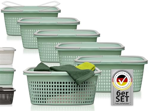 Hausfelder Wäschekorb 6er Set 35L, 58x37x25cm, Jadegrün | Stabile Wäschekörbe in Jadegrün, Wetterfest mit Henkeln & Griffen, Wäschewannen Plastik 58x37x25cm
