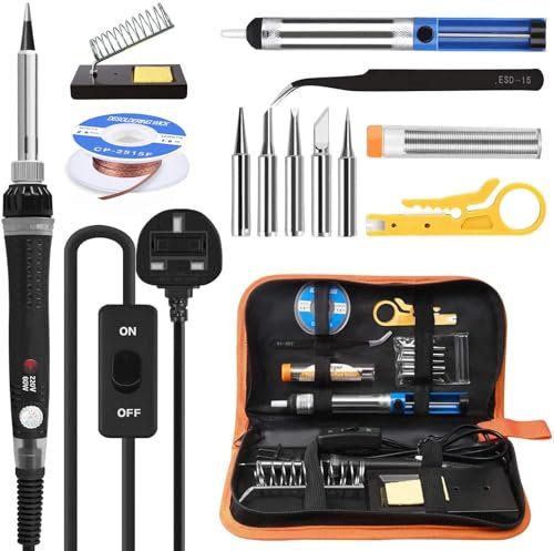 14 in 1 Soldering Iron Kit, 60W Welding Tools with Adjustable Temp 200-450°C and ON/Off Switch, Desoldering Pump, Solder Wire, Wire Stripper Cutter, Stand, Tool Case, Tweezers