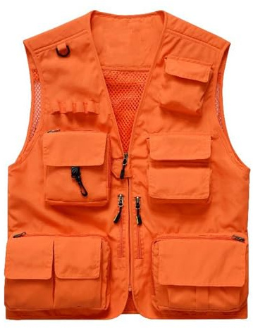 Vivikivi Men's Classical Outdoor Fishing Vest, Utility Cargo Vest Mesh Waistcoat, Multi Pockets Gilet for Safari Camera Camping Hiking Travel Hunting Walking Tactical (Orange, 3XL)