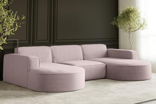 Kaiser Möbel - Ecksofa mit Wohnlandschaft, Eckcouch U Form XXL, Bigsofa, Sofa 3-sitzer, Bequemes Couch mit Ottomane für Wohnzimmer, Relaxsofa, Cord Stoff, Lounge-Set U-Form, Modena Studio, Rosa
