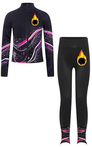 Eandarui konståkning kläder barn flickor termo träningsoverall långärmad sportjacka färgblock lapptäcke rock med stretchbyxor leggings danskläder, Het rosa A, 158-164