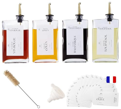 4 Bouteilles en Verre Rectangulaires de 350 ml , Bec Verseur doré et Entonnoir – Distributeur pour Huile, Vinaigre et Sirop, pour Organisation de la Cuisine, étiquettes français, Italien et espagnol