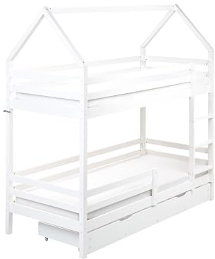 Beliani Hochbett mit 2 Bettkästen Lattenrost 2 Betten 90x200 cm Kiefernholz weiß Girgols