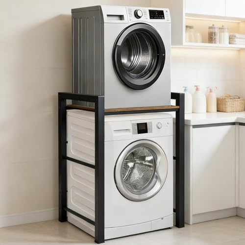 Meuble Machine à Laver et Seche Linge, Superposition Lave Linge Seche Linge 3 Hauteurs Réglables, Meuble Machine à Laver Capacité de Charge 300kg pour Buanderie Salon Salle De Bain Balcon (Noir)