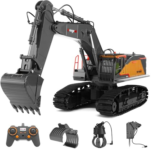 kolegend 1:14 RC Excavator 25 Channel 4 in 1 Construction Toys,Remote Control Vehicles Tractor Sandbox Toys Digger,with Metal Bucket,Drill Bit,Gripper & Wood Gripper RC Truck