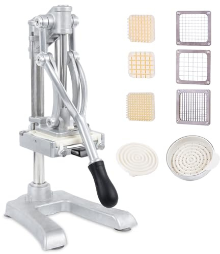 2-in-1 Commercial Juicer & Vegetable Chopper – Heavy Duty Cast Iron Manual Citrus Press with Stainless Steel Food Dicer, French Fry Cutter, 1/2 3/8 1/4 Blades for Potatoes