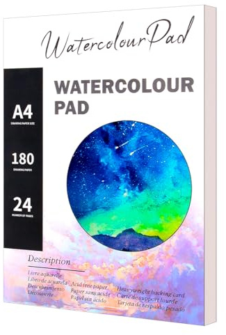 Watercolour Paper Pad A4, 24 Sheets Watercolour Paper, Cold-Pressed Texture, Watercolour Sketchbook for Painting, Drawing, Sketching and Mixed Media