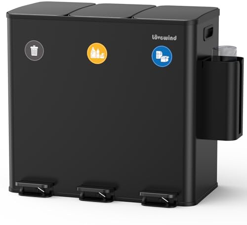 lovewind Pattumiera da cucina, 3 contenitori per la raccolta differenziata da 20 litri,contenitore per sacchetti della spazzatura incluso,etichetta magnetica, coperchi a chiusura ammortizzata,nero