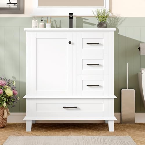 Merax Mobiletto da bagno a pavimento con lavandino, mobile lavabo, completamente laccato, scaffale con anta, TRE cassetti silenziosi, lavandino in ceramica integrato, bianco, 76x46x83,5cm