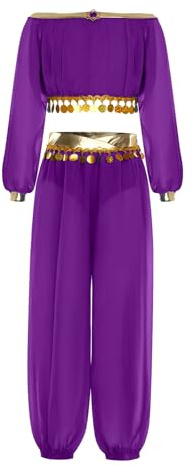 Miutii Mädchen Bauchtanz Kleidung Langarm Crop Top Bauchtanz Oberteile + Haremshose Belly Dance Outfits Bauchtänzerin Indische Tanzkleidung A Lila 122-128