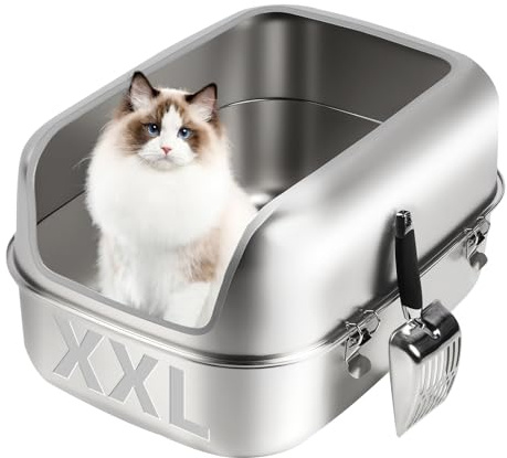 Bartuke rostfritt stål kattströ-låda, 60 cm L x 15,7 B x 11,8 H extra stor halv innesluten avtagbar metall ströbricka med hög-Side hölje, spade, icke-klibbig, enkel rengöring