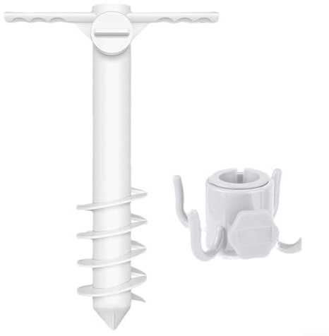 HpLive Strandschirm Sandanker Set mit Aufhängehaken Schraubständer Halterung für Sonnenschirm Garten Outdoor, Weiß(1 Set)