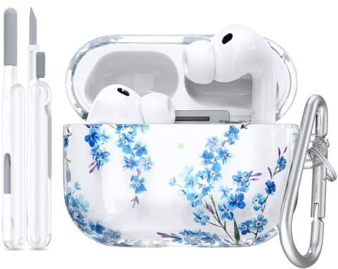 VISOOM Kompatibel mit Airpods Pro 3 Hülle, TPU Blau Blumen Airpods Pro 3 Case 2025 Weiches Niedlich Transparent Schutzhülle mit Karabiner Reinigungsset, Unterstützung drahtloses Aufladen(Blue Flower)