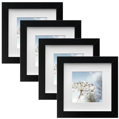 Zyiphor Set di 4 Cornice Foto 15x15cm Cornice Portafoto Quadrata in Legno con Vetro Acrilico Cornici da Tavolo con Passepartout per Montaggio a Parete (Nero)