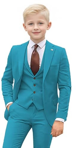 Boys Suit 3 Piece Slim Fit Kids Tuxedo Wedding Ring Bearer Outfit Blazer Vest Pant Set for Wedding Party Prom Aqua