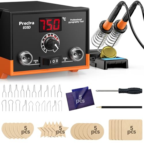 Preciva Dual-Handle Pyrography Station Kit with LCD Display, Fast Heating Wood Burning Pen Set, 20 Interchangeable Tips, 20 Basswood Practice Pieces, Adjustable Temperature 250-750℃ for Wood, Leather
