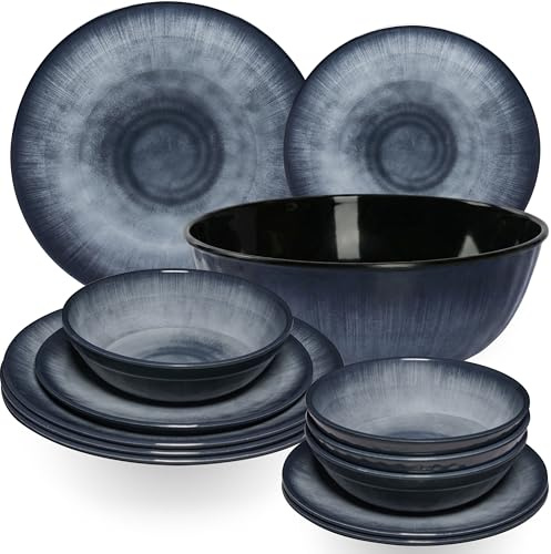 Melamin Geschirr Set Jesolo Grau für 4 Personen 13 Teile mit Salatschale Steingutoptik Spülmaschinengeeignet Essgeschirr Campingzubehör Campinggeschirr Wohnwagen Camping Festival Picknick Gartenparty