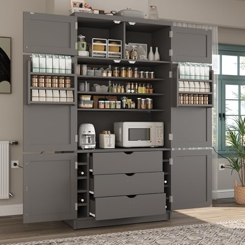 Merax Kitchen Pantry Storage Cabinet, Freestanding Buffet Cabinet with Microwave Stand & 2 Power Outlets,Kitchen Hutch with Door Shelves, Adjustable Shelves,Drawers and Wine Rack, Grey
