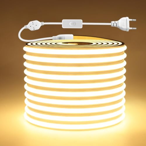 AIMENGTE COB LED Streifen, 5M 220V Warmweiss LED Strip, Wasserdicht Selbstklebend 3000K Led Leiste, Flexibel Silikon Lichtleiste für Schlafzimmer Innen Außen Küche Deko, DIY-Dekoration