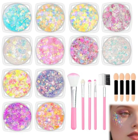 12 Piezas Gel Purpurina Cara Maquillaje Purpurina Cara Glitter Gel Glitter Maquillaje Brillo Duradero Para Festival Fiestas Actuación Escénica Carnavales Con 4 Hisopos Algodón 5 Brochas Constituir