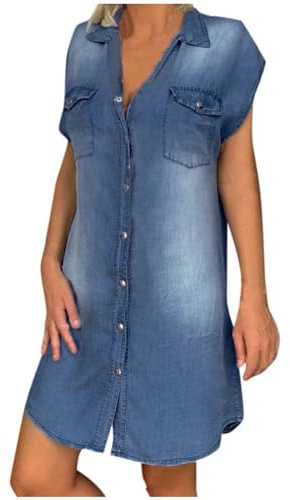 Viunychn Robe courte en jean pour femme - Longueur genou - Robe d'été - Robe chemisier baggy décontractée - Robe midi - Robe décontractée
