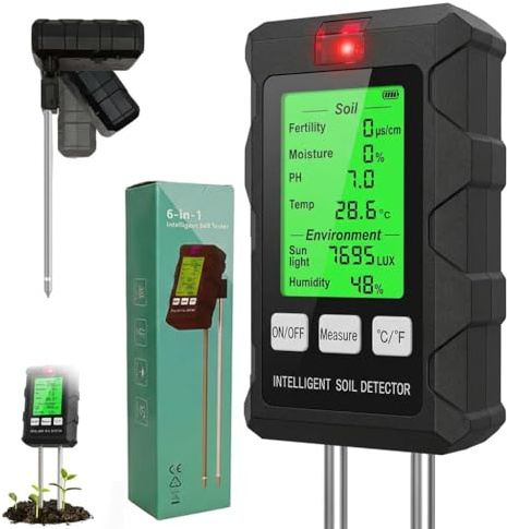 VoltCozy 6 in 1 ph messgerät Erde bodenfeuchtesensor ph Wert Rasen Messen Bodenmessgerät Pflanzen, Feuchtigkeitsmessgerät Pflanzen + LCD-Display + Garten, Rasen, Landwirtschaft Grün 1 Stück