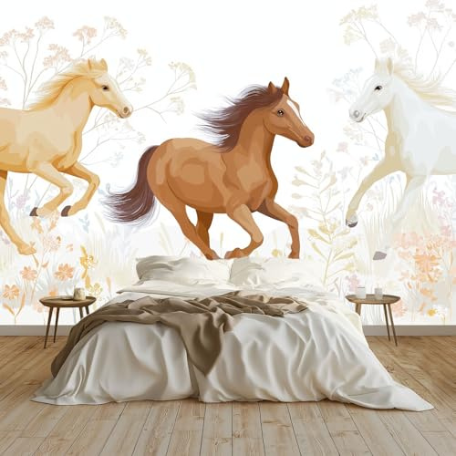 Fotomural de Pared Minimalista Hierba Animales Caballo Flores Blanco Puro 200 x 140 cm, Papel Pintado Mural (TNT) para Decoración de Interiores, Salones y Dormitorios