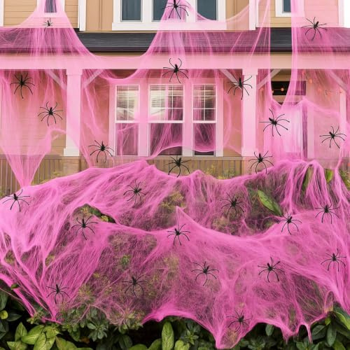 Halloween Pink Spider Web Decorations 200g 60 Black Spiders Indoor Outdoor | 200g Pink Spider Webs With 60 Black Simulated Spider, for Halloween Backdrop Indoor Outdoor Theme Party Decor