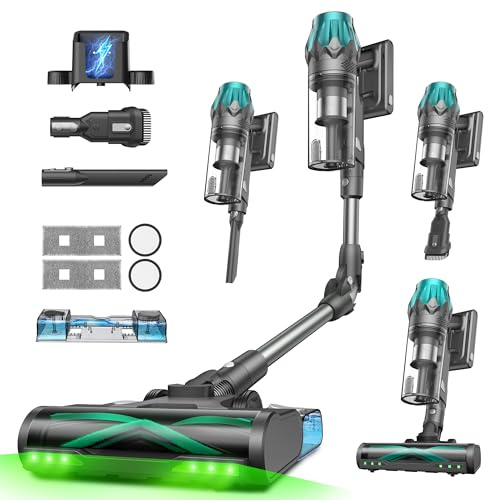 Vexilar V15Max Aspiradora sin Cable 65Kpa/60Min,con Fregona y Tanque de Agua,Anti-Enredo,Escoba Aspirador Autoportante,Fácil Maneja,Aspiradora Fregadora sin Cable para Suelos/Alfombras/Pelos/Coche