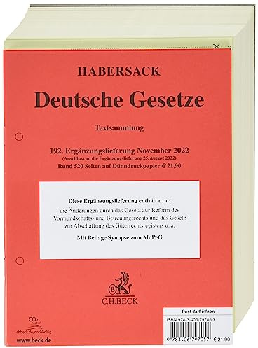 Deutsche Gesetze 192. Ergänzungslieferung: Rechtsstand: 21. November 2022