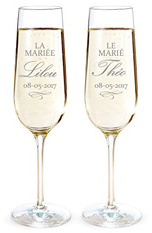 AMAVEL Set de 2 Flûtes à Champagne avec Motif pour Les Mariés, Personnalisées avec 2 Prénoms et 1 Date, Volume 0,2 L