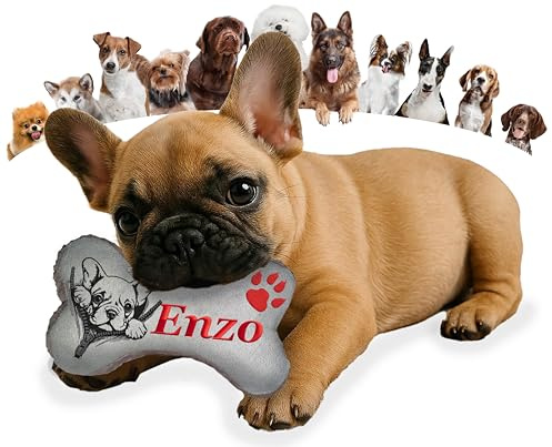 Personalisiertes Hundespielzeug Knochen – bestickter Hundeknochen aus Wildleder-Imitat – mit/ohne Quietscher oder Rassel – 20 Farben – Größen XS bis XXL – mit Wunschname