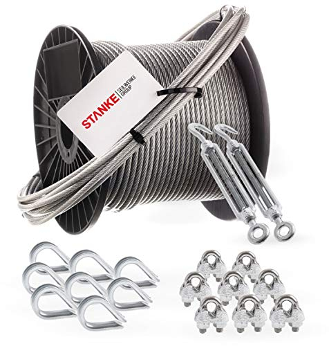 Seilwerk STANKE Cuerda de acero galvanizado en cubierta de PVC 20m, Cuerda de acero con diámetro de 4mm 6x7, 2x tensor gancho-ojo M6, 8x guardacabo, 8x abrazadera - SET 5