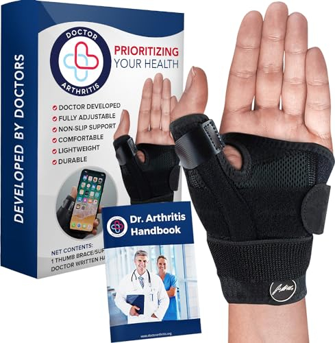 Doctor Developed Thumb Support for Arthritis, Thumb Splint Right or Left Hand, Wrist Support & Thumb Spica Splint and with Doctor Written Handbook(Black, Single)