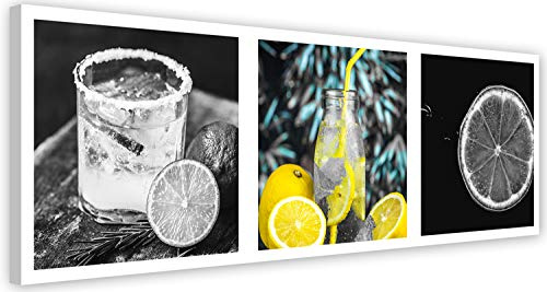 Feeby Leinwandbilder Zitrone Frucht Drink Bilder Kunstdruck für Küche Gelb 70x25 cm
